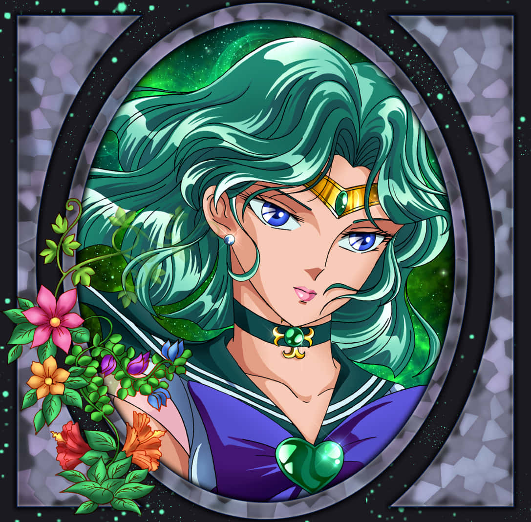 sailor neptune 桌布 壁紙 — 一幅充滿活力的動畫肖像，描繪一位綠髮藍眼的戰士，周圍環繞著花卉藤蔓和宇宙綠色背景。