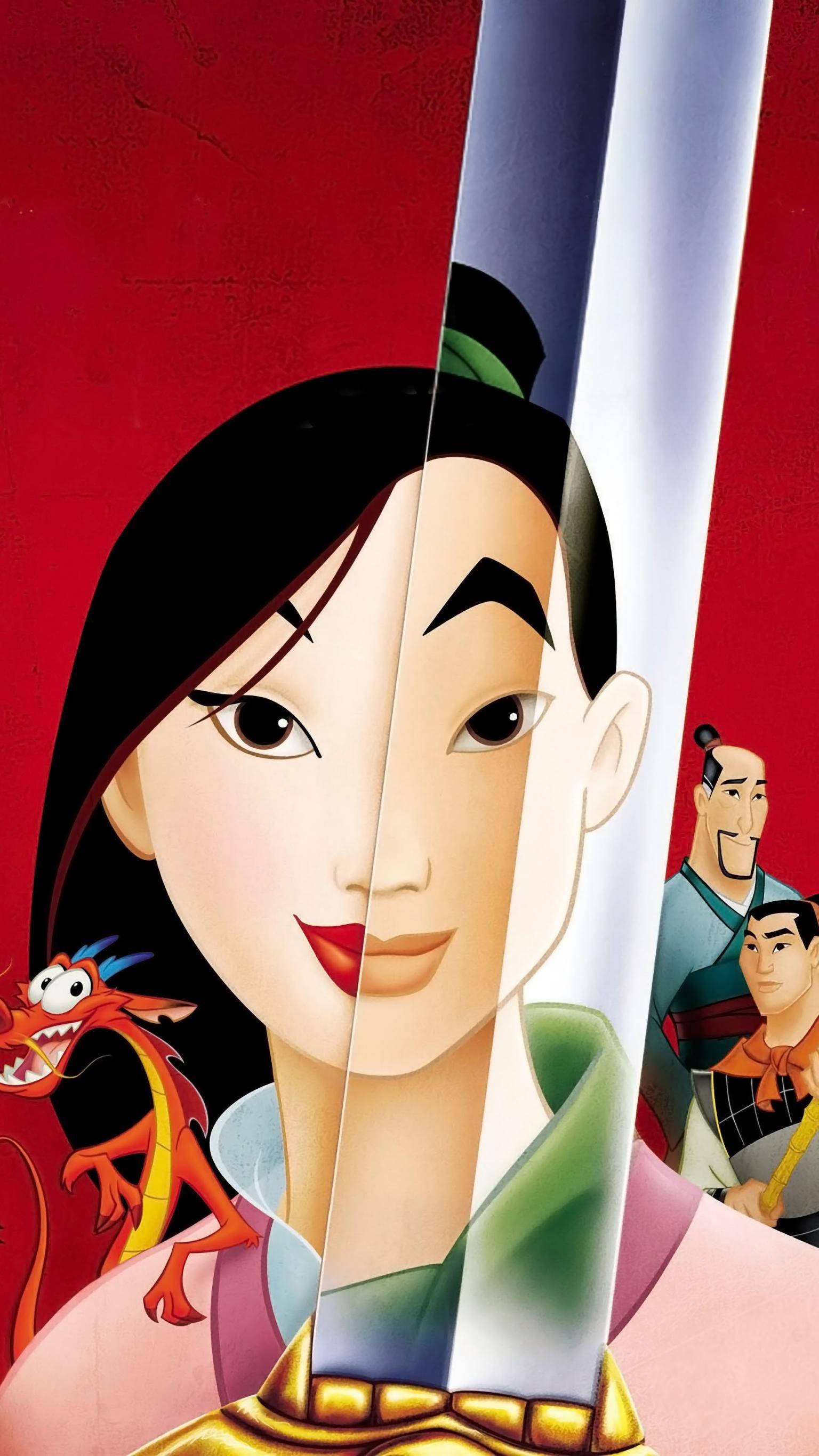 Mulan 桌布 壁紙 — 一幅充滿活力的動畫肖像，木蘭手持劍，背景有她的龍和同伴，襯以鮮明的紅色背景。