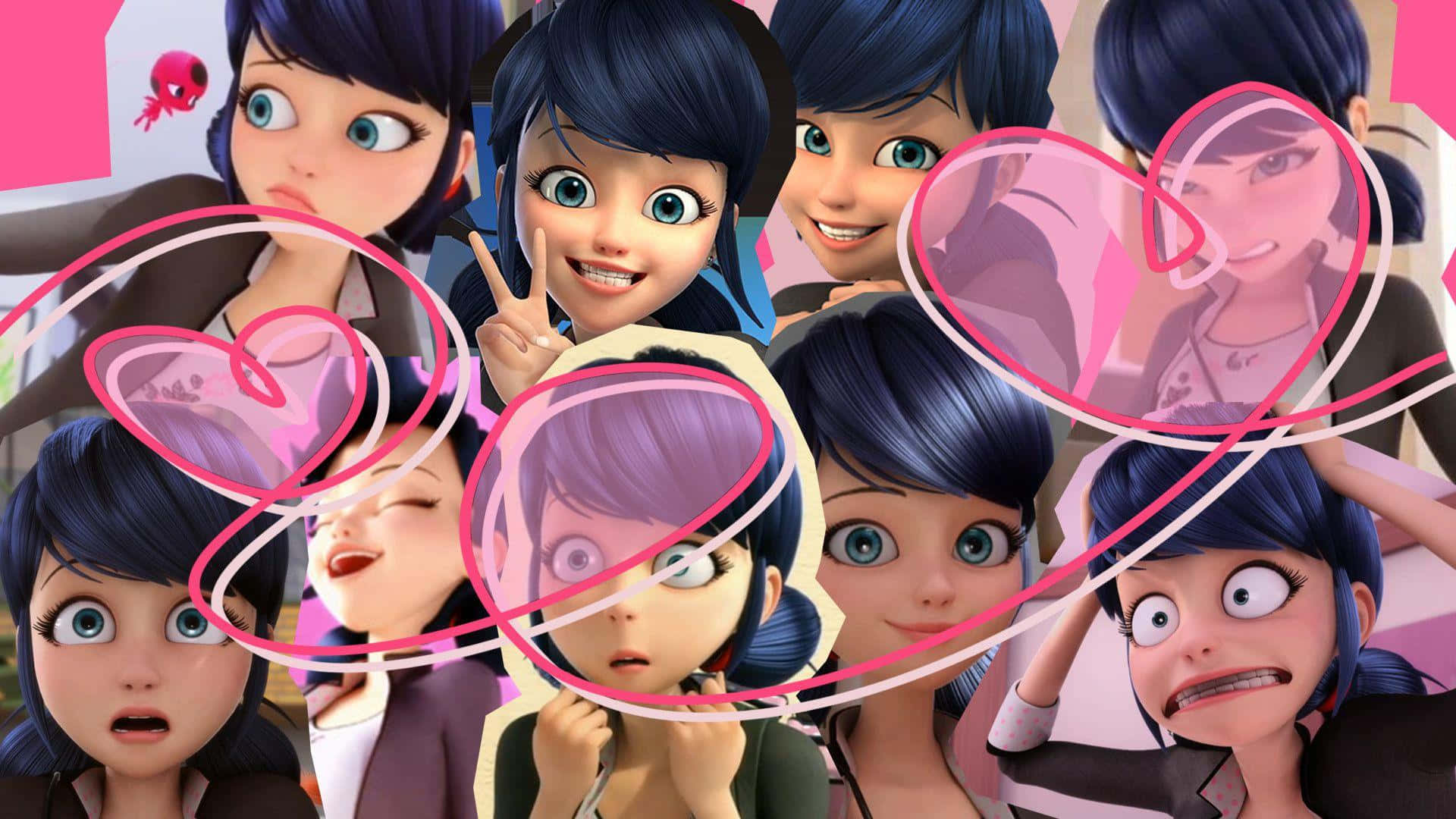 Marinette Dupain Cheng 桌布 壁紙 — 一幅充滿活力的動畫角色拼貼畫，角色表情豐富，粉紅色心形輪廓在他們周圍旋轉。