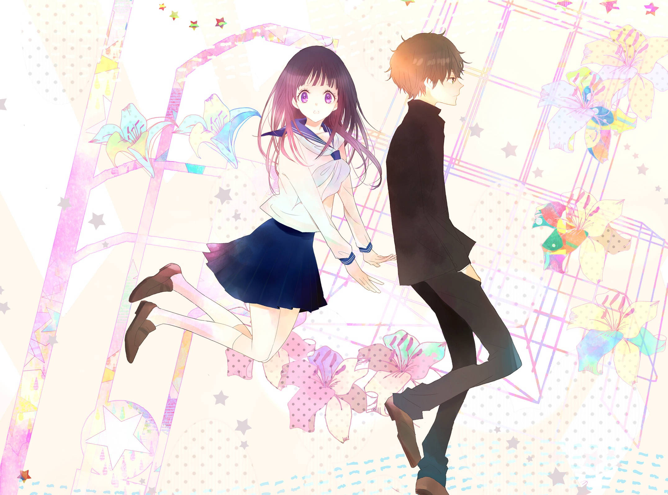Oreki Houtarou 桌布 壁紙 — 一幅充滿活力的動畫風格插圖，描繪一名穿著校服的女孩在粉彩背景中，向一名穿著黑色西裝的男孩伸出手，背景有百合花和星星。