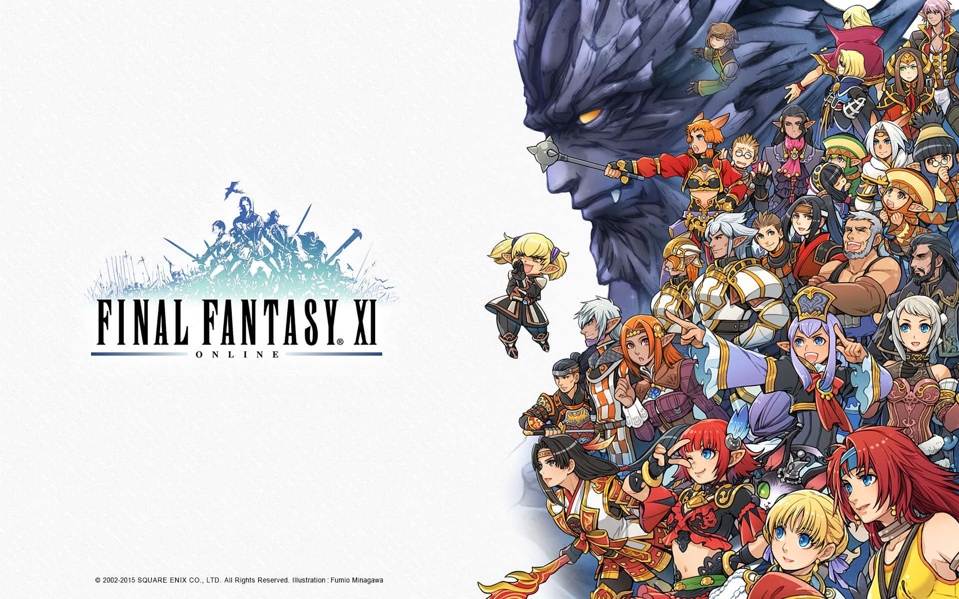 Final Fantasy Xi 桌布 壁紙 — 一幅充滿活力的動畫風格插圖，描繪了各種奇幻角色聚集在一條逼近的藍龍前，左側有 Final Fantasy XI Online 標誌。