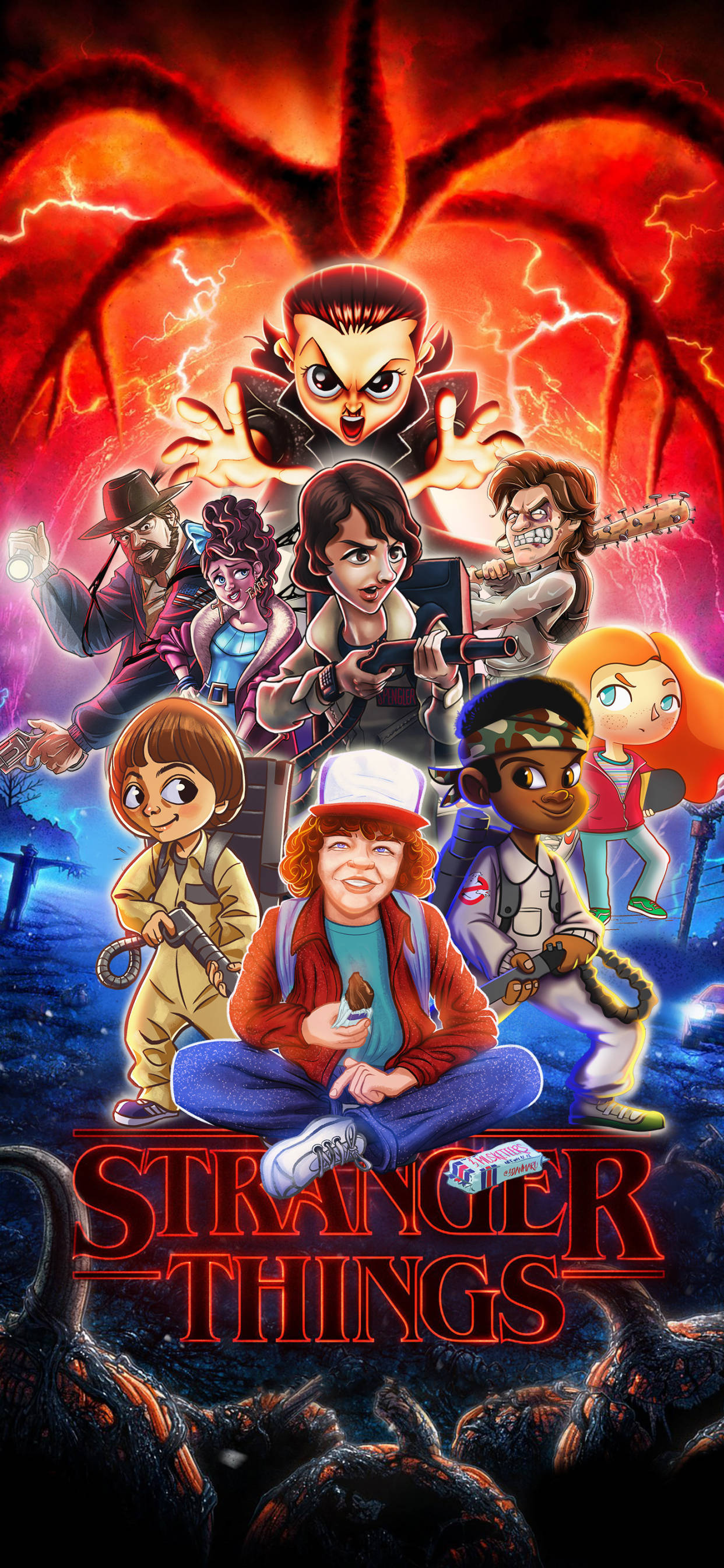 Netflix 桌布 壁紙 — 一幅充滿活力的動畫風格海報，描繪《怪奇物語》角色在黑暗森林中面對一隻帶有閃電的巨型紅色怪物。