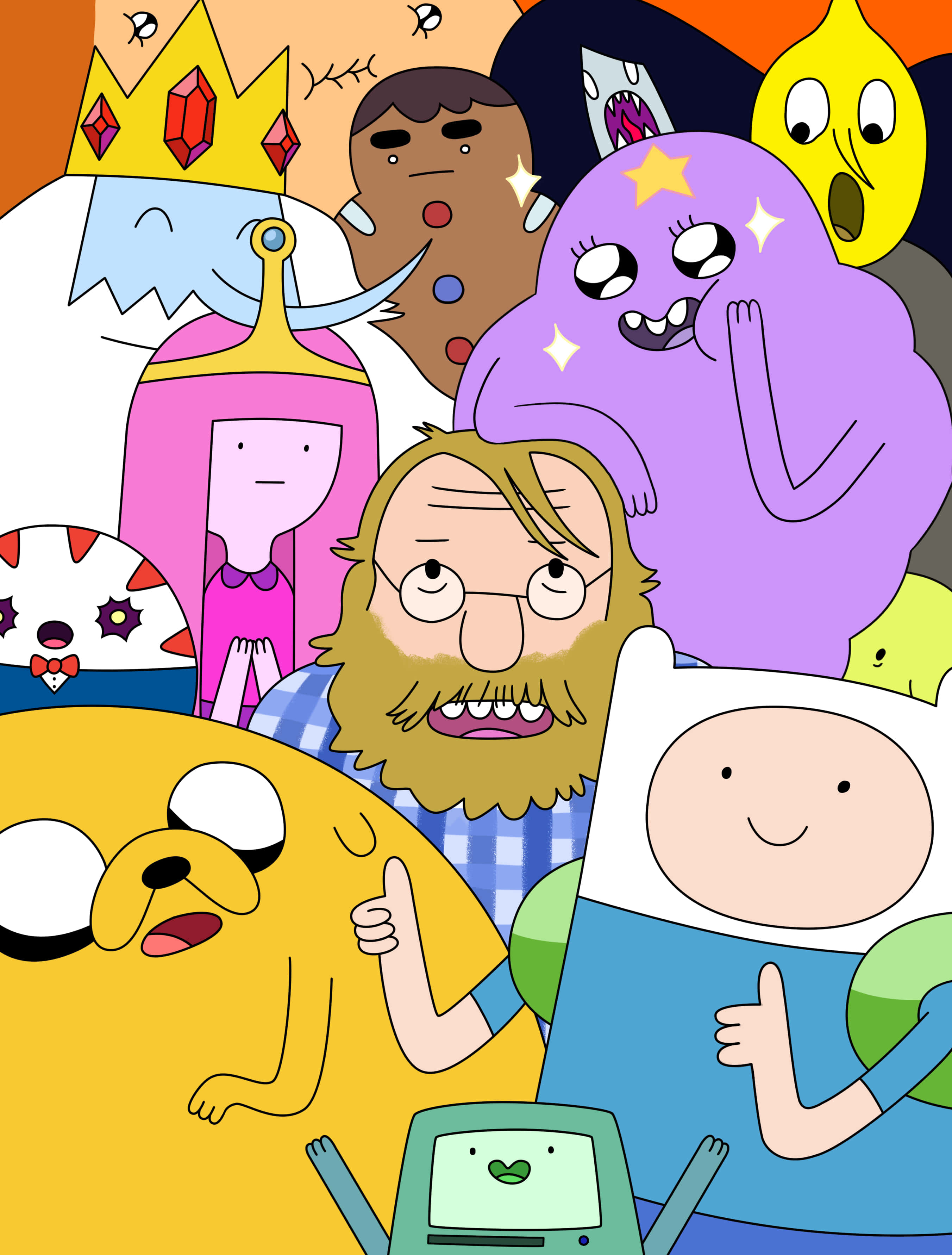 Adventure Time Cute 桌布 壁紙 — 一幅充滿活力的卡通拼貼畫，包含探險活寶角色，包括芬恩、傑克、泡泡糖公主以及他們背後的創作者。