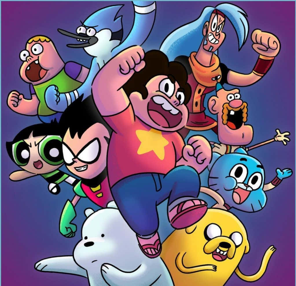 Vintage Cartoon Aesthetic 桌布 壁紙 — 一幅充滿活力的卡通拼貼畫，描繪了受歡迎的動畫角色在紫色漸變背景上充滿活力地歡呼並擺出姿勢。