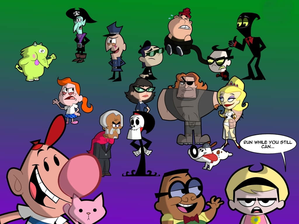 the grim adventures of billy and mandy 桌布 壁紙 — 一幅充滿活力的卡通拼貼畫，描繪了多種動畫角色，表情誇張，背景為綠色到紫色的漸變。