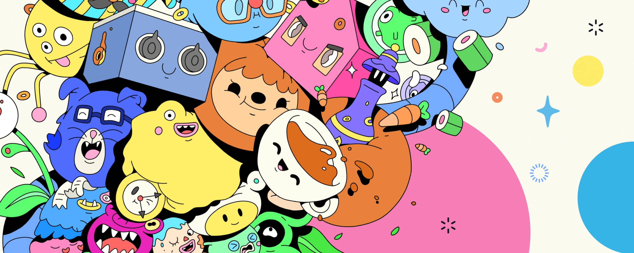 Toca 桌布 壁紙 — 一幅充滿活力的卡通拼貼畫，描繪了古怪微笑的角色和物體，在柔和背景上迸發出俏皮的能量。