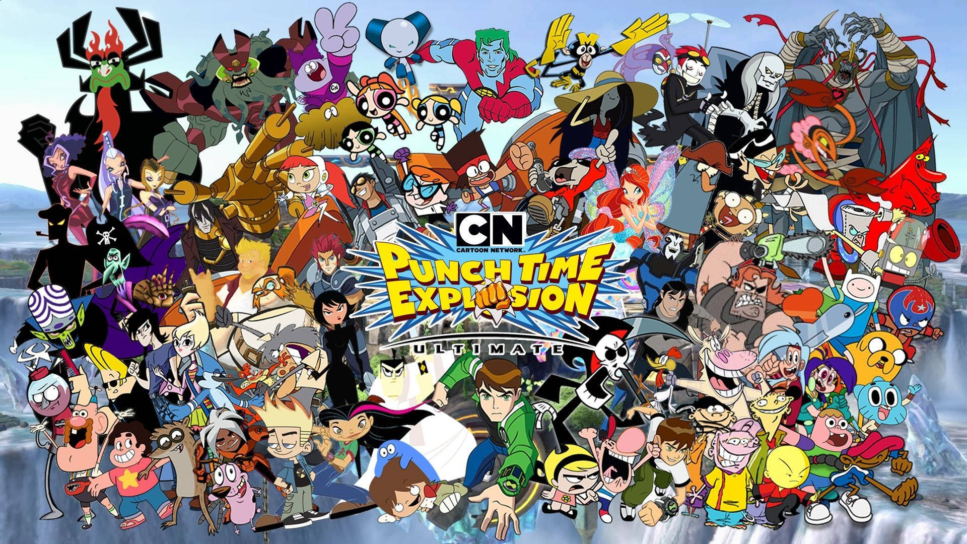 Cartoon Network Characters 桌布 壁紙 — 一幅充滿活力的卡通拼貼畫，數十個Cartoon Network角色在雪山背景下圍繞中央標誌充滿活力地擺姿勢。
