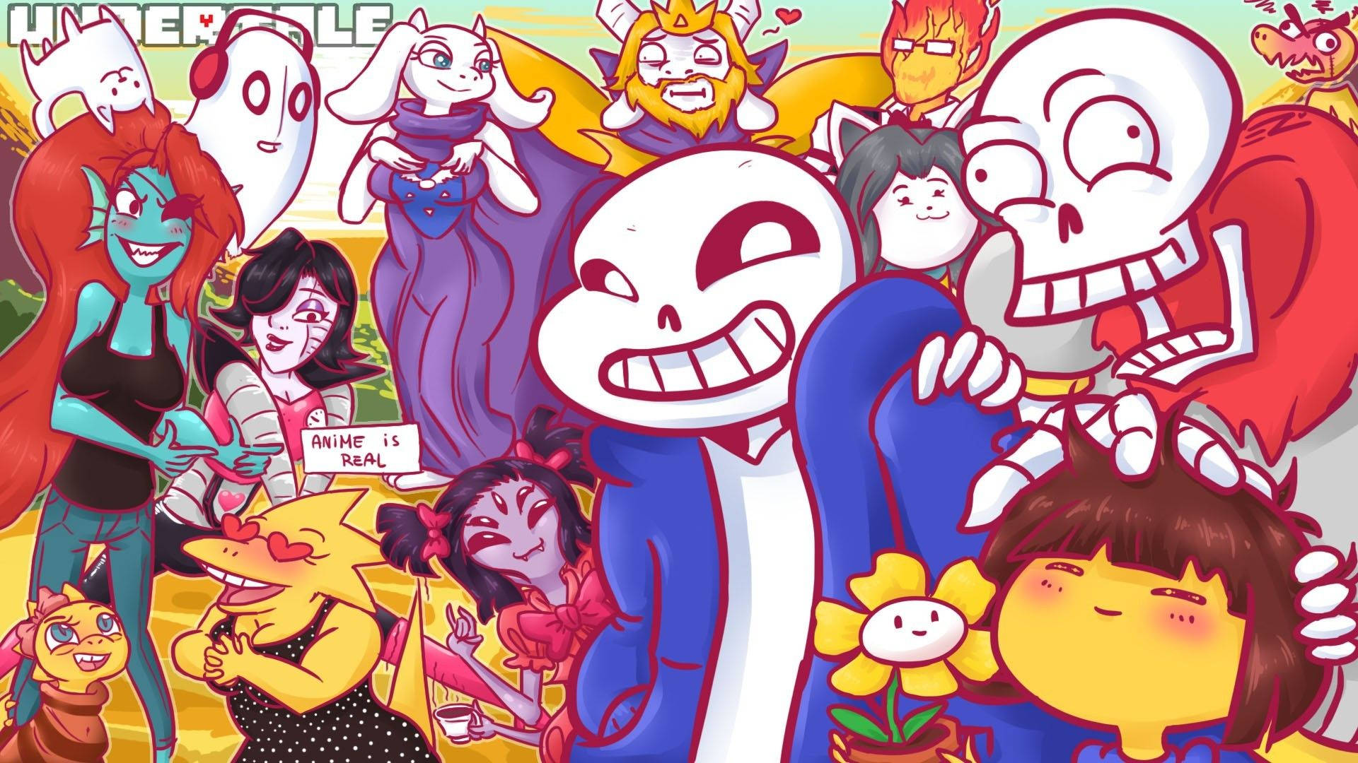 Undertale 桌布 壁紙 — 一幅充滿活力的卡通插圖，展示了一組多元化的動畫角色，包括微笑的骷髏、花女孩和各種表情豐富的人物，處於色彩繽紛的混亂場景中。