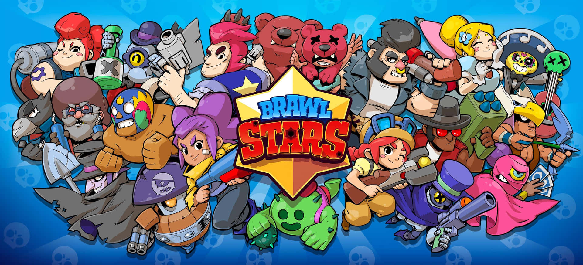色彩繽紛的卡通風格 Brawl Stars 遊戲角色在標誌周圍擺姿勢。 — 荒野亂鬥 GIF 壁紙