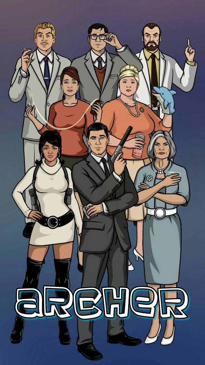 archer 桌布 壁紙 — 一幅充滿活力的卡通插圖，描繪《Archer》電視節目演員穿著正式間諜服裝，在紫色漸變背景前戲劇性地擺姿勢。