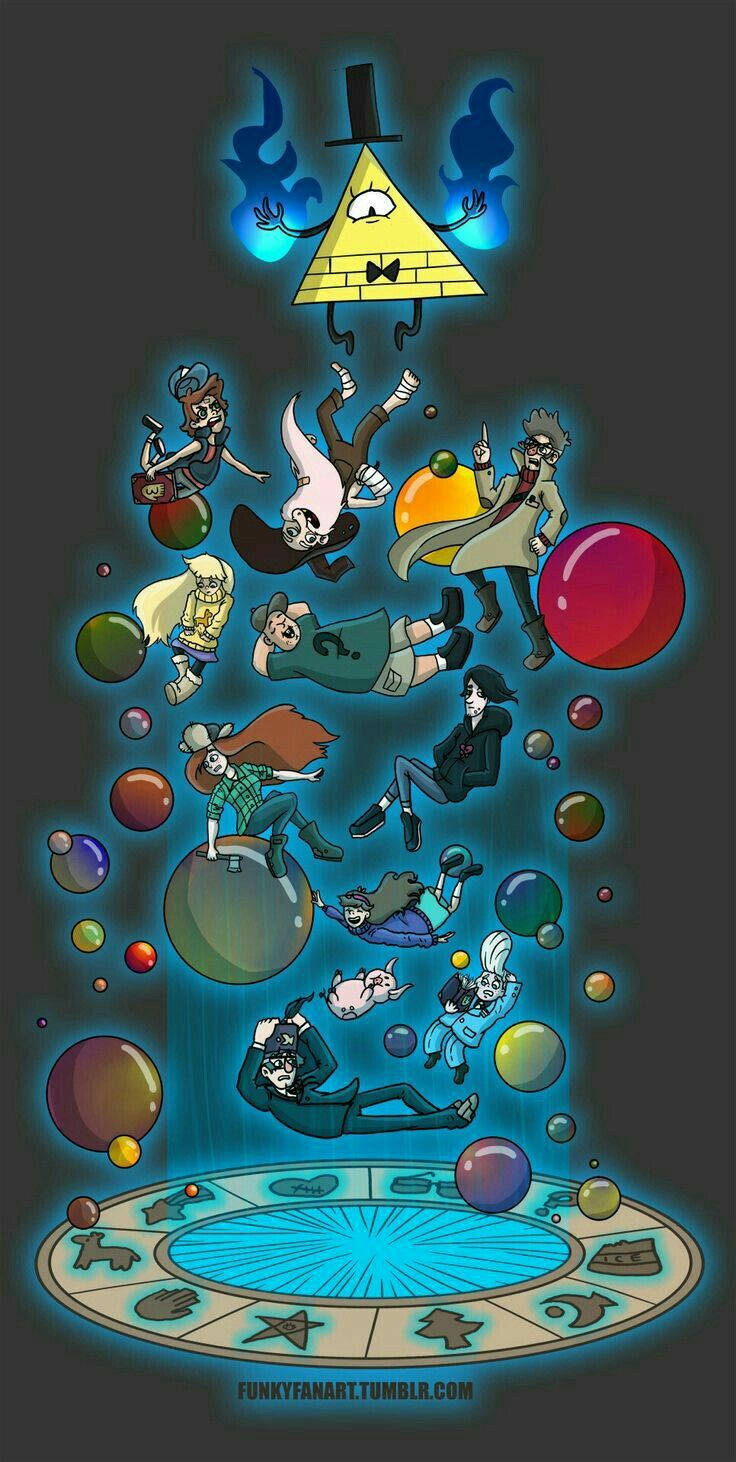 gravity 桌布 壁紙 — 一幅充滿活力的卡通插圖，描繪《怪誕小鎮》角色漂浮在發光球體中，圍繞著一個神秘的發光圓圈。