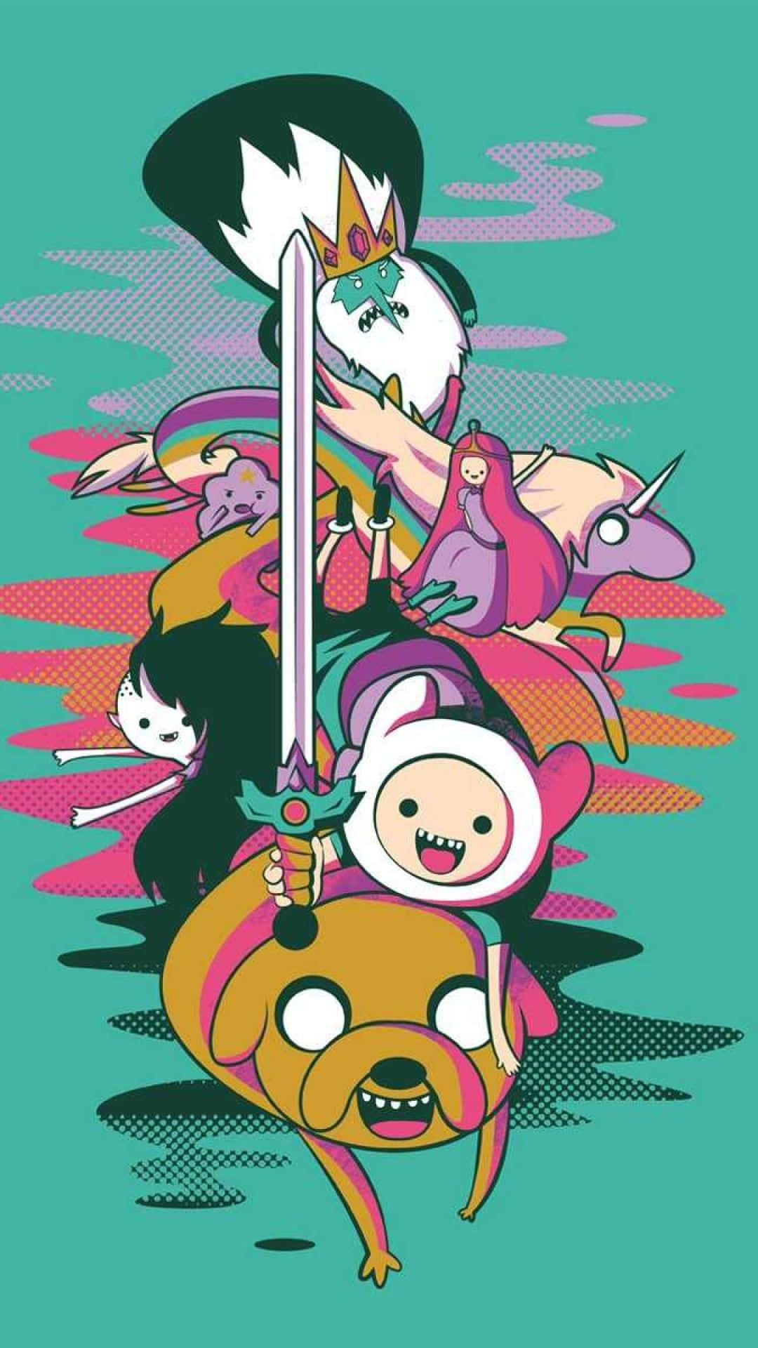 Cartoon 桌布 壁紙 — 一幅充滿活力的卡通插圖，描繪《探險活寶》角色在帶有粉紅色和橙色條紋的藍綠色背景上動態堆疊。