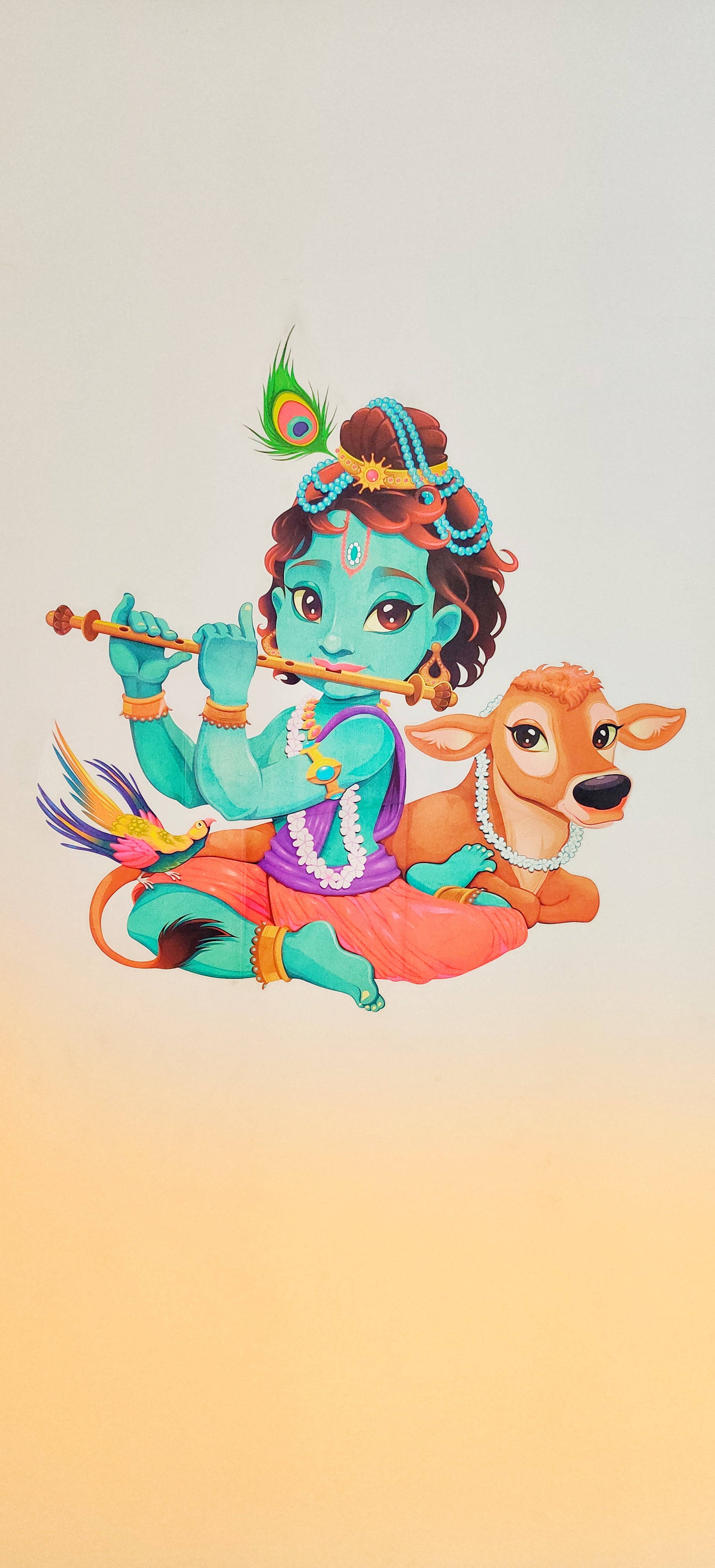 克里希那 高畫質壁紙 桌布 壁紙 — 一幅充滿活力的卡通插圖，描繪一位藍皮膚的神明坐在牛旁邊吹奏長笛，背景是柔和的漸變色。
