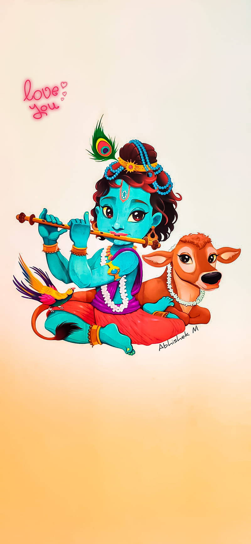 krishna iPhone 桌布 壁紙 — 一幅充滿活力的卡通插圖，描繪一個藍皮膚的小孩坐在牛旁邊吹笛子，附近有一隻色彩繽紛的鳥。