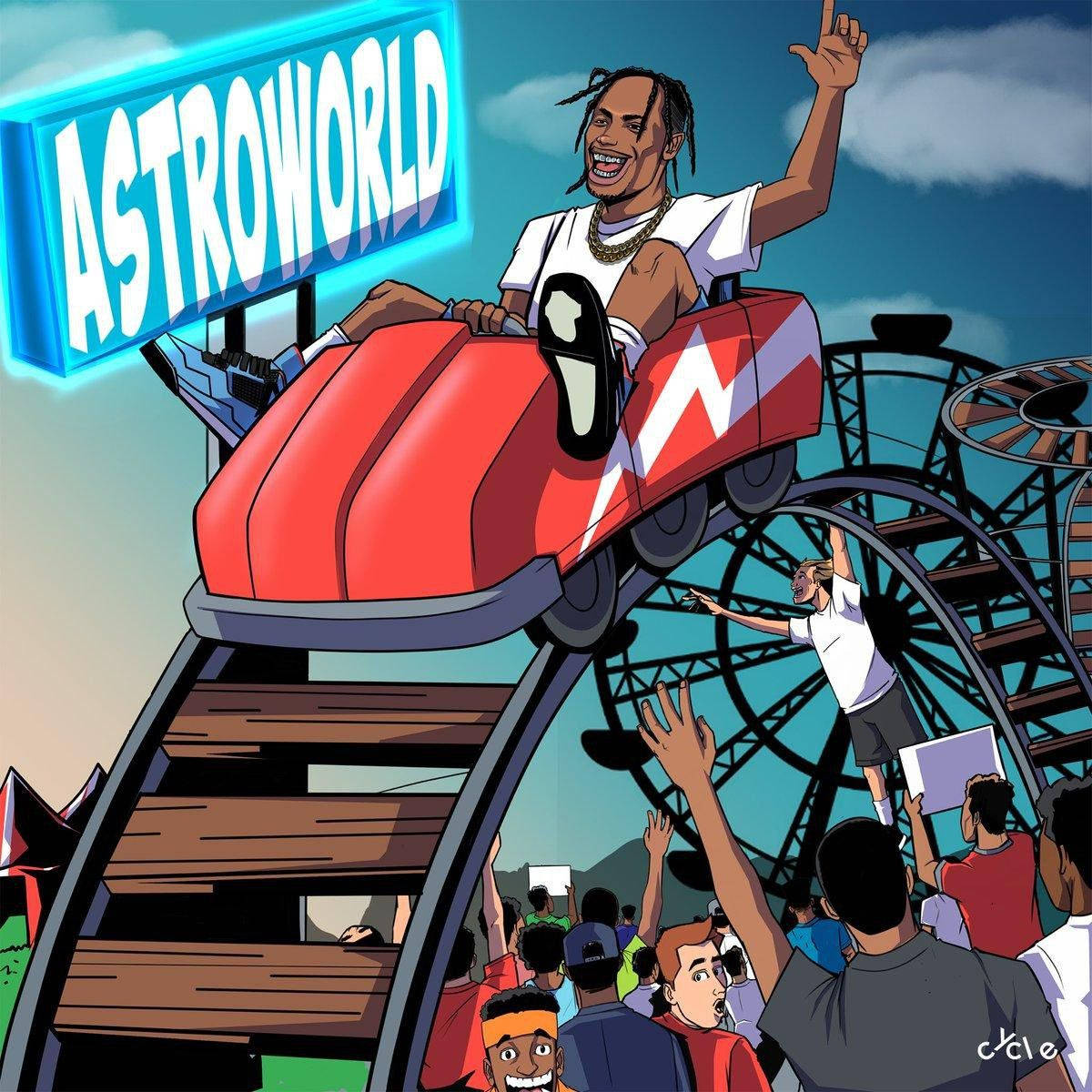 Astroworld 桌布 壁紙 — 一幅充滿活力的卡通插圖，描繪一名男子在AstroWorld愉快地乘坐紅色雲霄飛車，下方有歡呼的人群。