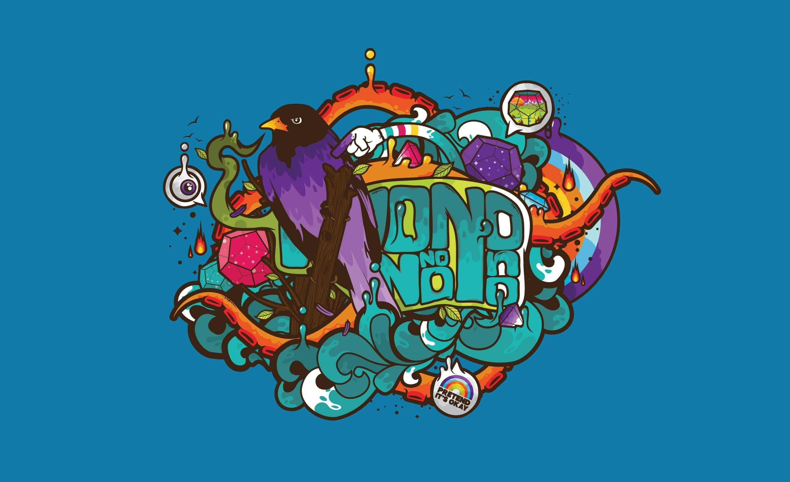 Illustration 桌布 壁紙 — 一幅充滿活力的卡通插圖，描繪一隻紫色鳥兒手持法杖，周圍環繞著色彩繽紛的寶石和旋轉的迷幻元素，背景為純藍色。