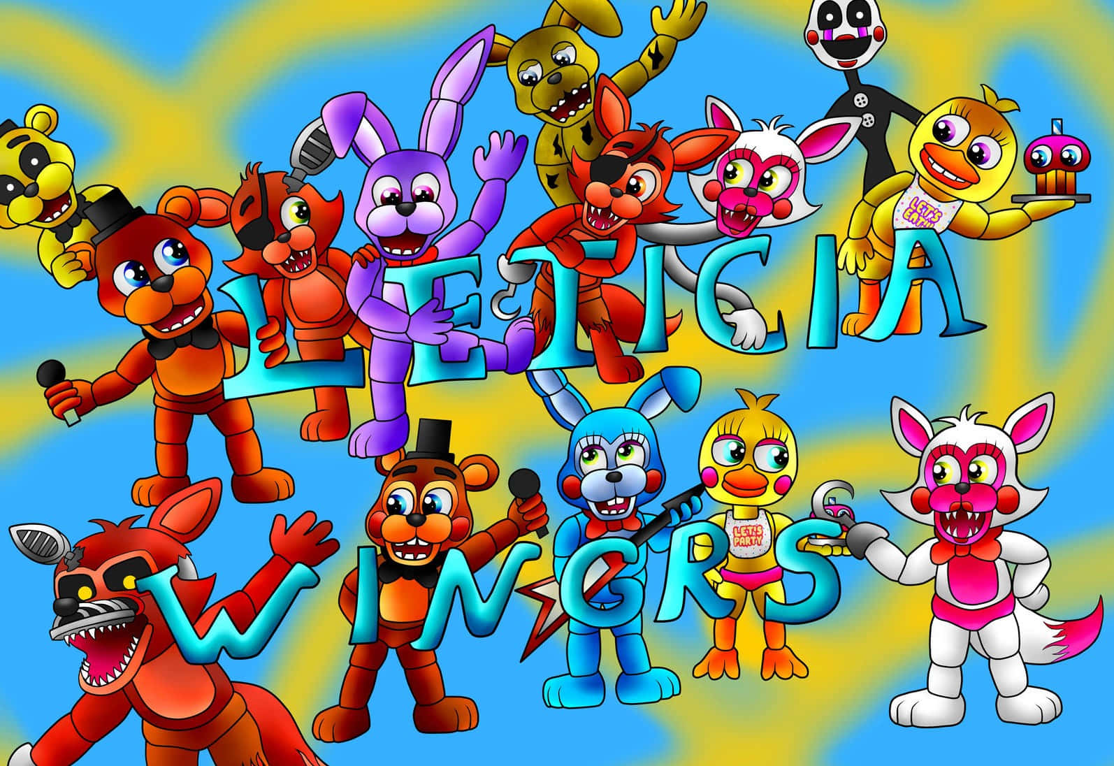fnaf world 桌布 壁紙 — 一幅充滿活力的卡通插圖，描繪了《佛萊迪的五夜驚魂》系列中的多個電子動畫角色圍繞著大型發光文字擺姿勢。