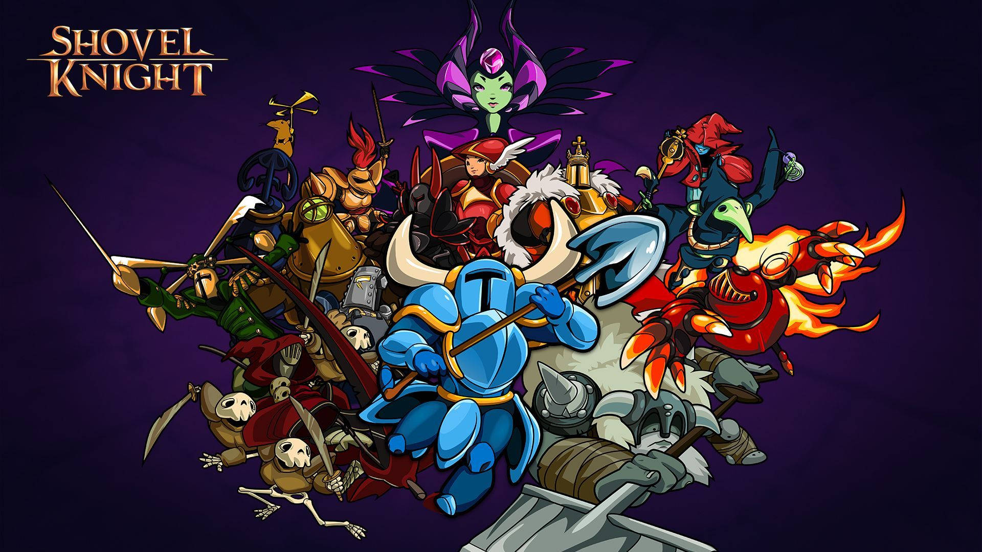 Shovel 桌布 壁紙 — 一幅充滿活力的卡通插圖，描繪了Shovel Knight和他多樣化的彩色遊戲角色在深紫色背景上動態聚集。
