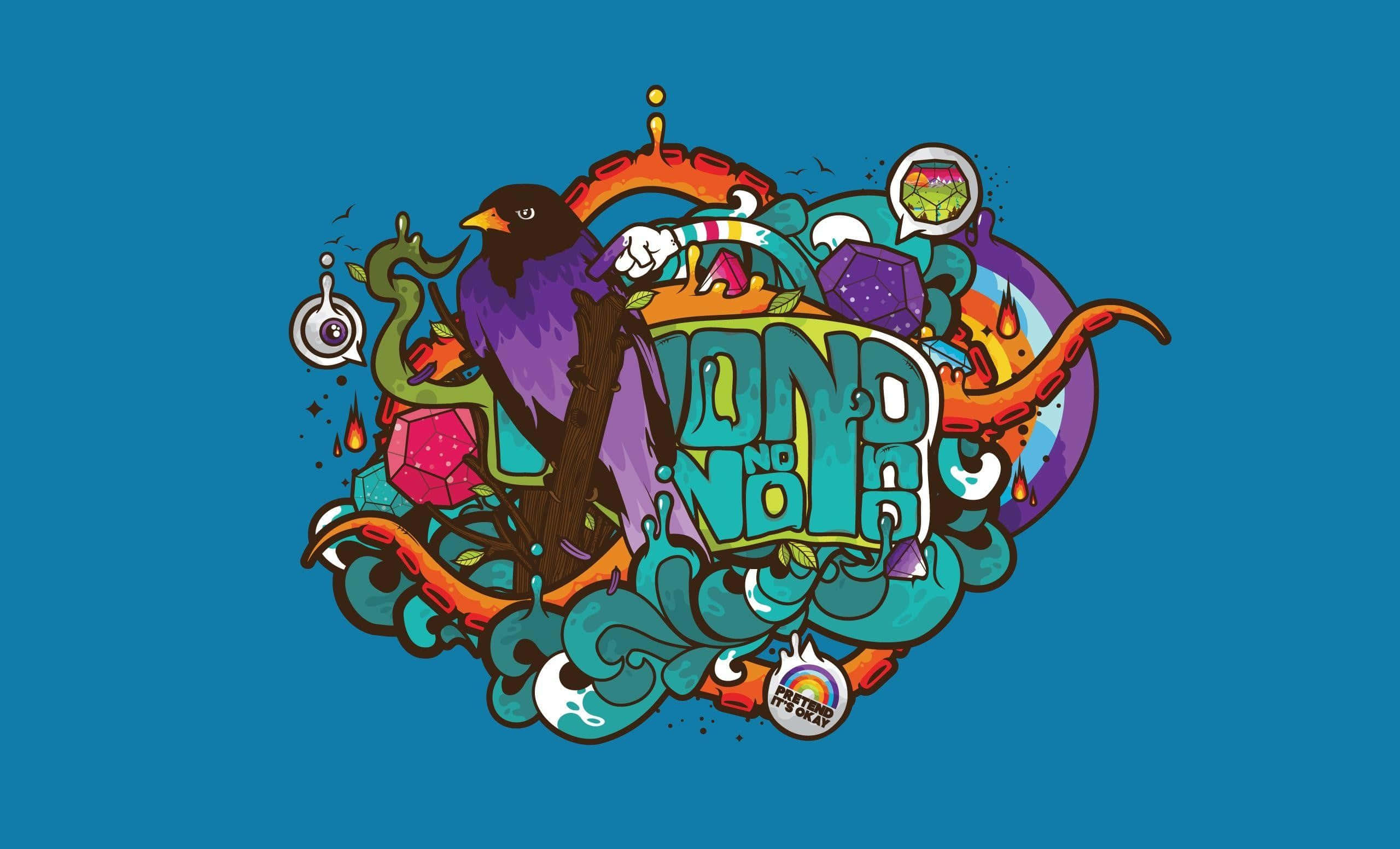 桌布 壁紙 — 一幅充滿活力的卡通插圖，描繪了一隻紫色小鳥，周圍環繞著色彩繽紛的抽象形狀和文字，背景為青綠色。