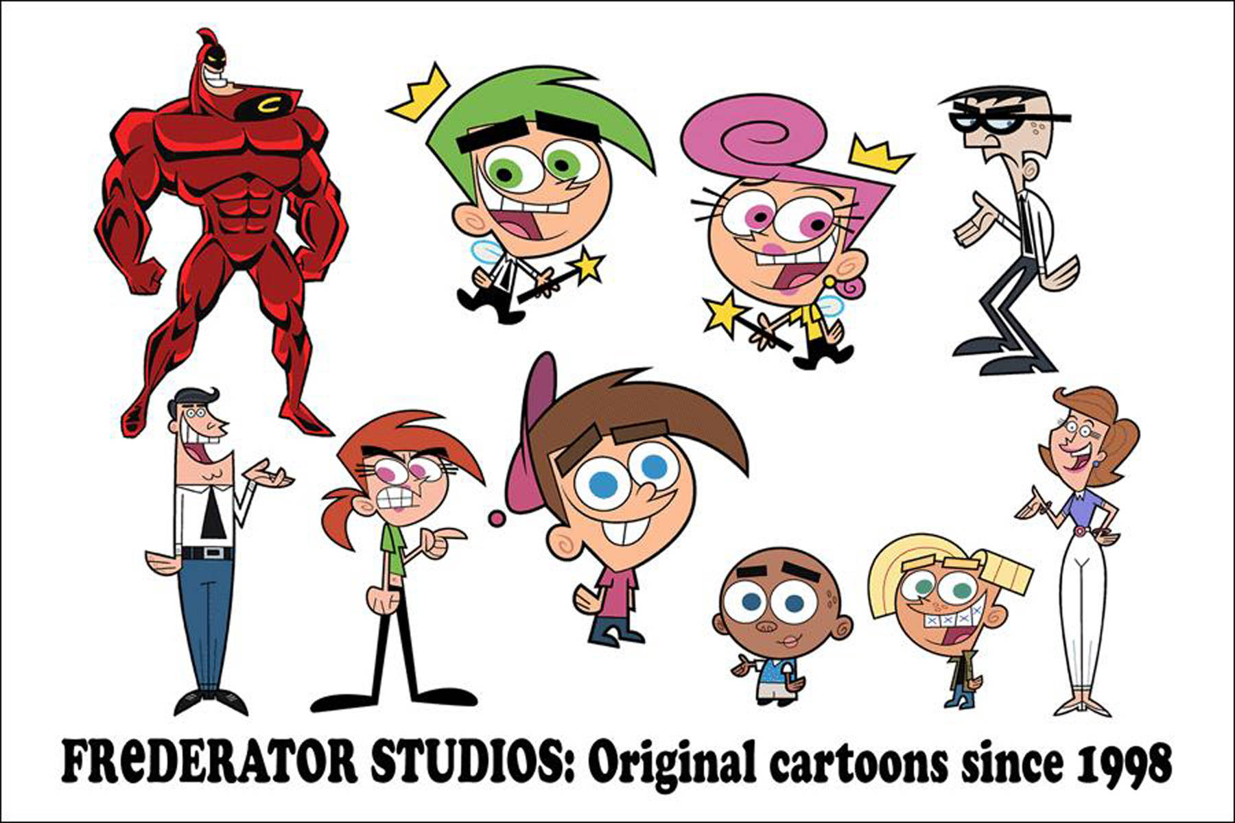 The Fairly Oddparents 桌布 壁紙 — 一幅充滿活力的卡通插圖，描繪了動畫系列《The Fairly OddParents》的主要角色和一位紅色超級英雄，都在白色背景前微笑。