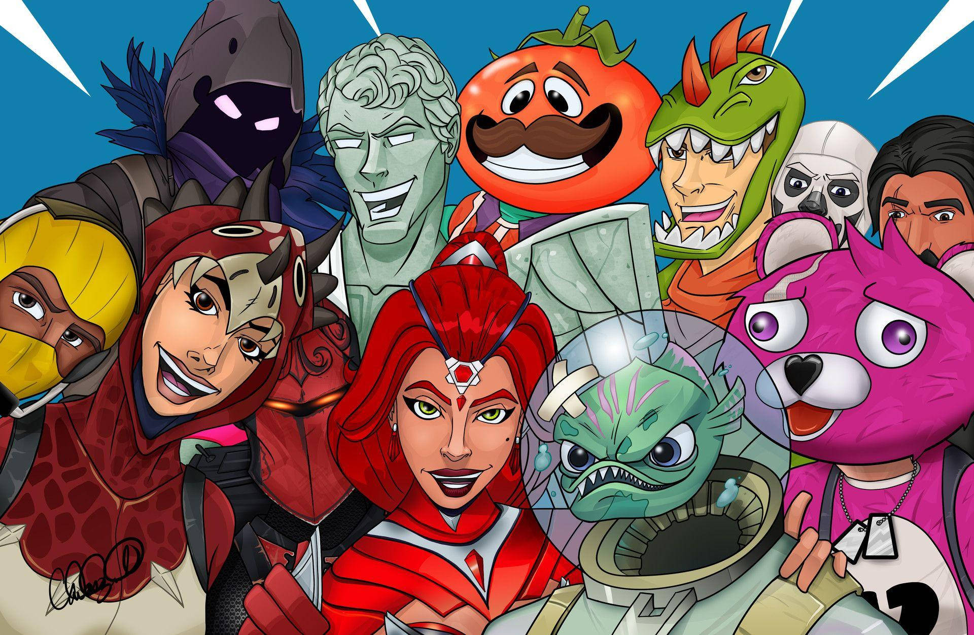 Fortnite 桌布 壁紙 — 一幅充滿活力的卡通插圖，描繪了多種動畫角色，包括番茄、恐龍和超級英雄，在藍色背景前一起擺姿勢。