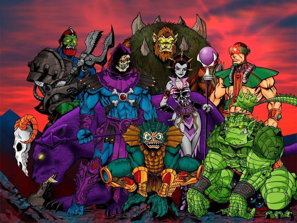 skeletor 桌布 壁紙 — 一幅充滿活力的卡通插圖，描繪了希曼的邪惡盟友在火紅的日落天空下擺出姿勢。