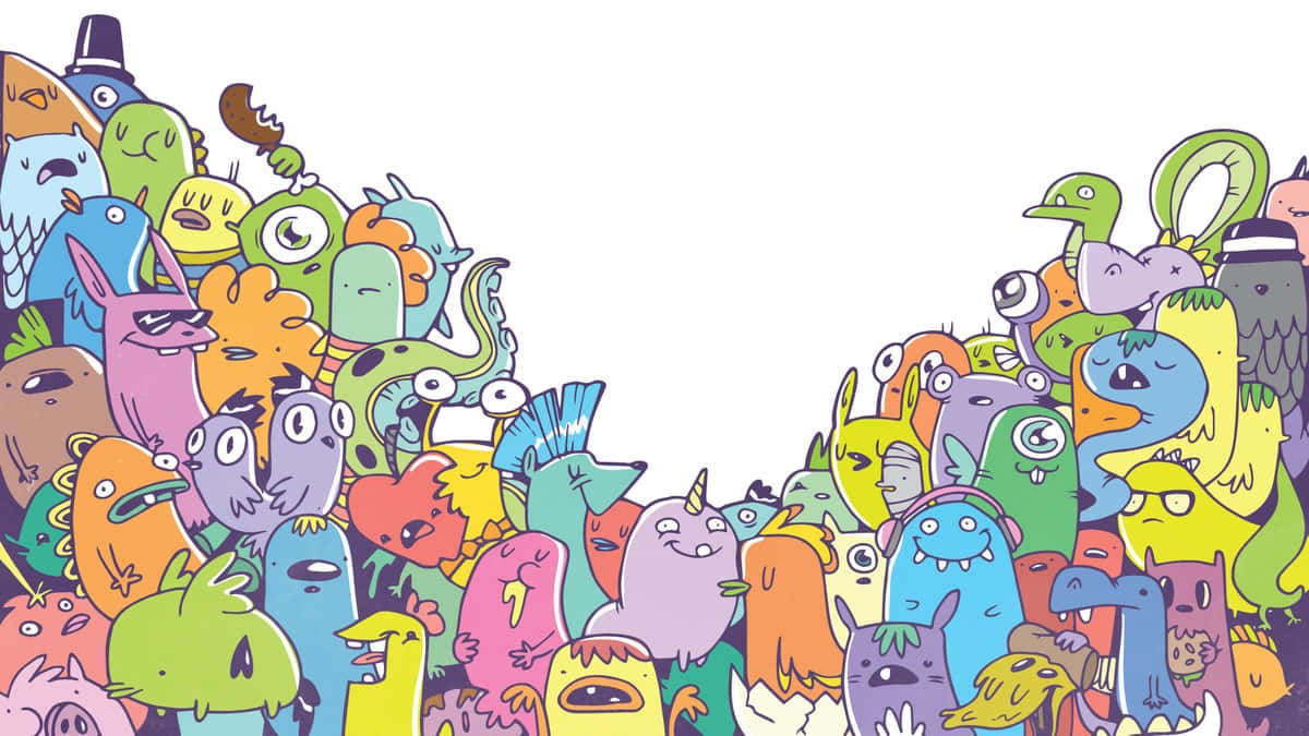 塗鴉動圖 桌布 壁紙 — 一幅充滿活力的卡通插圖，描繪了混亂的人群，色彩繽紛、古怪的怪物填滿了畫面的左右兩側。