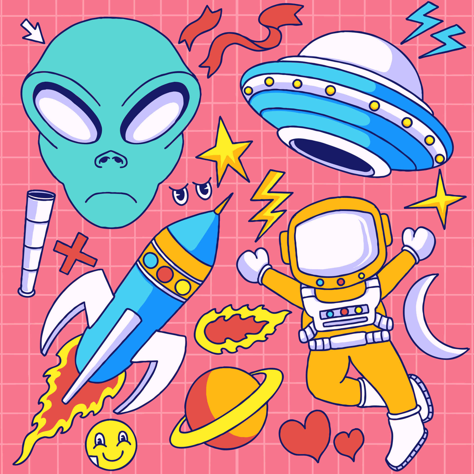 Kawaii Space 桌布 壁紙 — 一幅充滿活力的卡通插圖，描繪了綠色外星人、UFO、太空人、火箭和行星，背景為粉紅色網格。