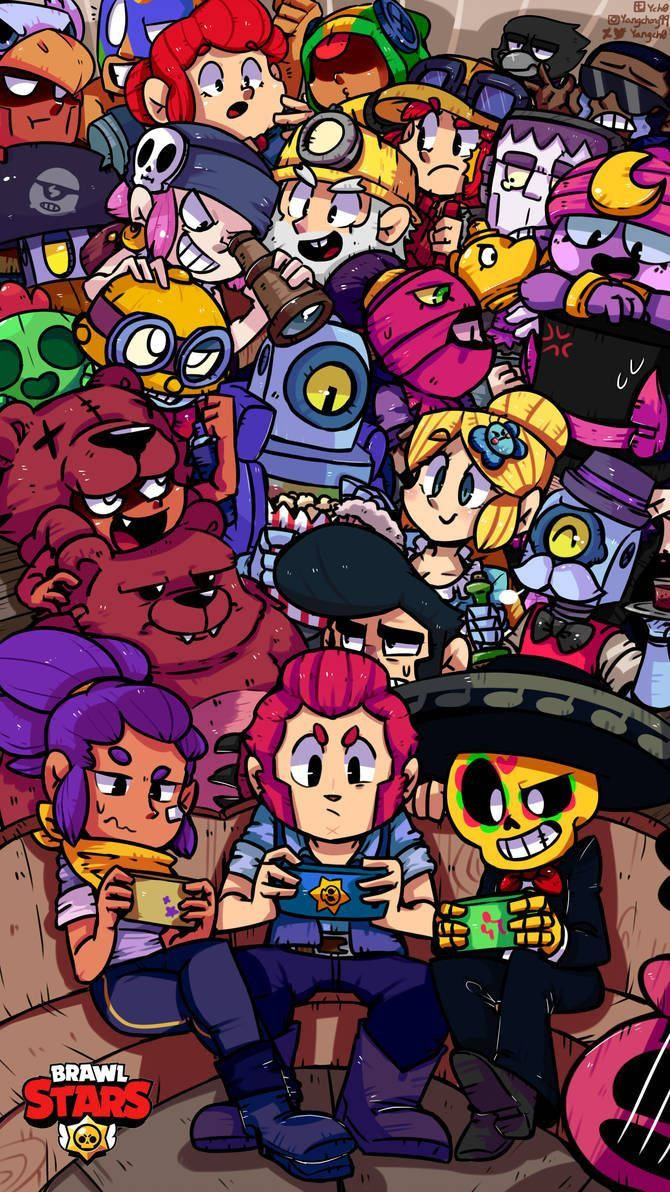 荒野亂鬥 桌布 壁紙 — 一幅充滿活力的卡通插圖，描繪了許多 Brawl Stars 角色擠在一個有趣混亂的場景中。