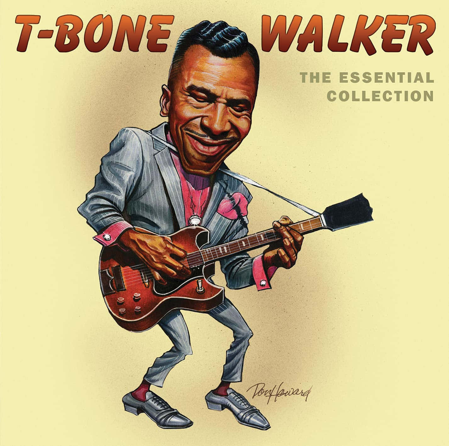 動畫 桌布 壁紙 — 一幅充滿活力的卡通插圖，描繪音樂家T-Bone Walker愉快地彈奏紅色電吉他，臉上掛著燦爛的笑容。