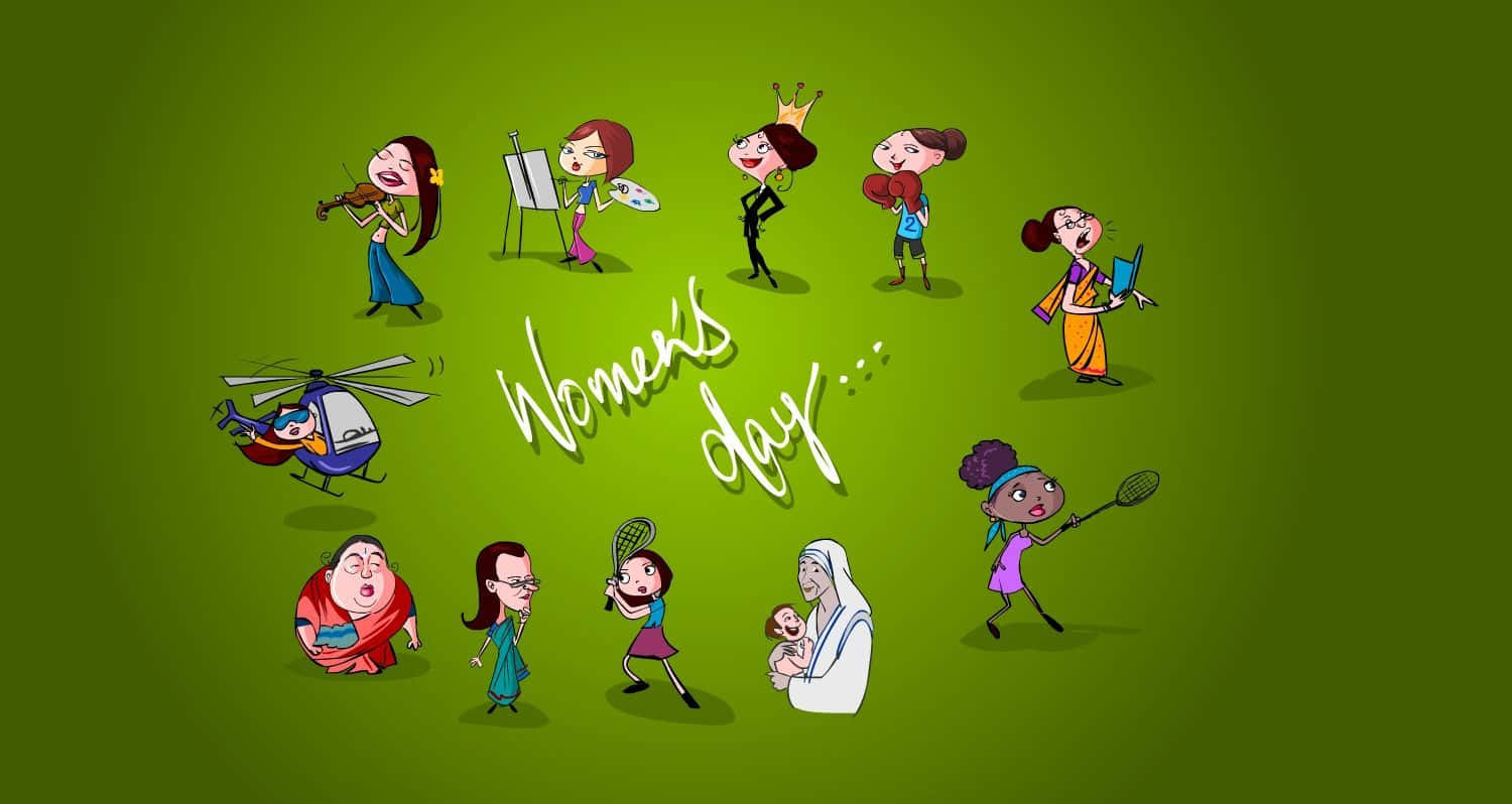 womens day 桌布 壁紙 — 一幅充滿活力的卡通插圖慶祝婦女節，各種職業和角色的女性圍繞綠色背景排列。