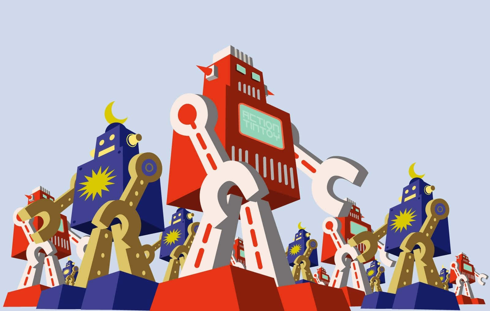 Cartoon Robot 桌布 壁紙 — 一幅充滿活力的卡通風格插圖，描繪了風格化的機器人，以鮮明的紅色、藍色和金色為主色，襯托著淡藍色的天空。