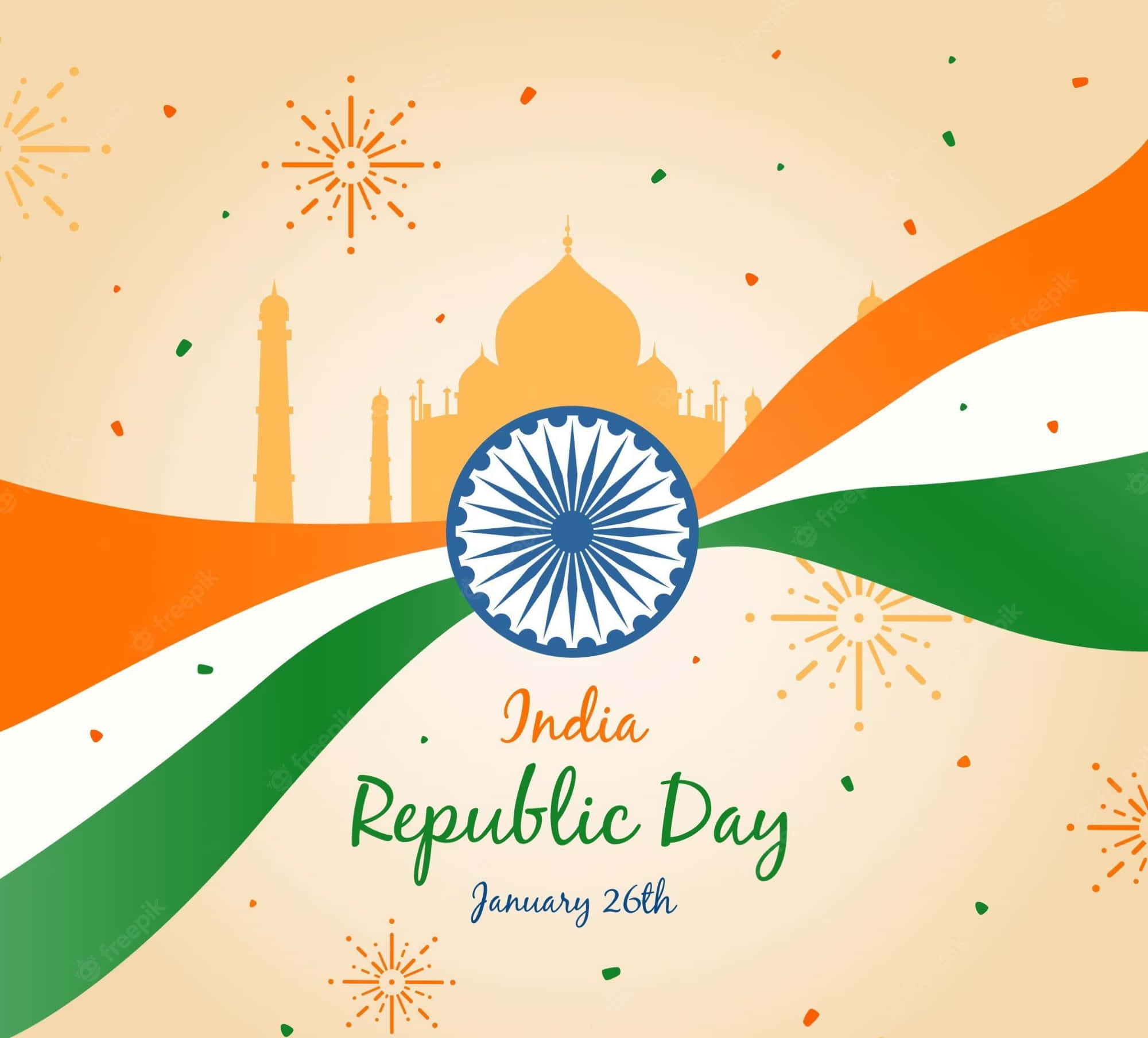 Republic Day 桌布 壁紙 — 一幅充滿活力的印度共和國日插圖，飄揚的三色旗和泰姬陵剪影映襯著節日背景。