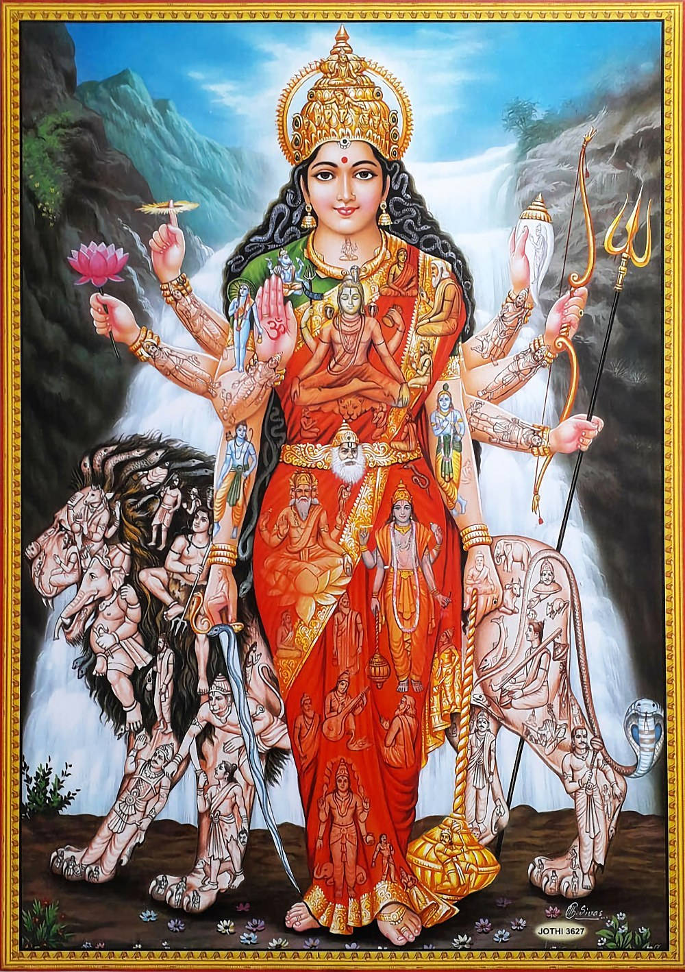 Durga 桌布 壁紙 — 一幅充滿活力的印度教女神杜爾迦插圖，她有十隻手臂，手持武器和蓮花，站在獅子和水牛上，背景是瀑布。