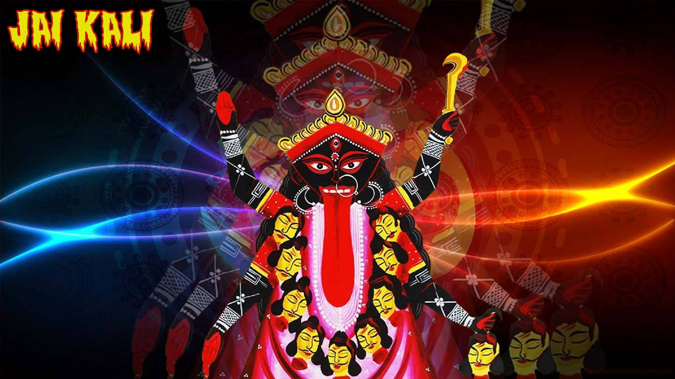 Hindu God 桌布 壁紙 — 一幅充滿活力的印度教女神迦梨數位插圖，她有多條手臂和飄逸的紅色裙子，在深色背景上被發光的藍色和橙色能量條紋包圍。