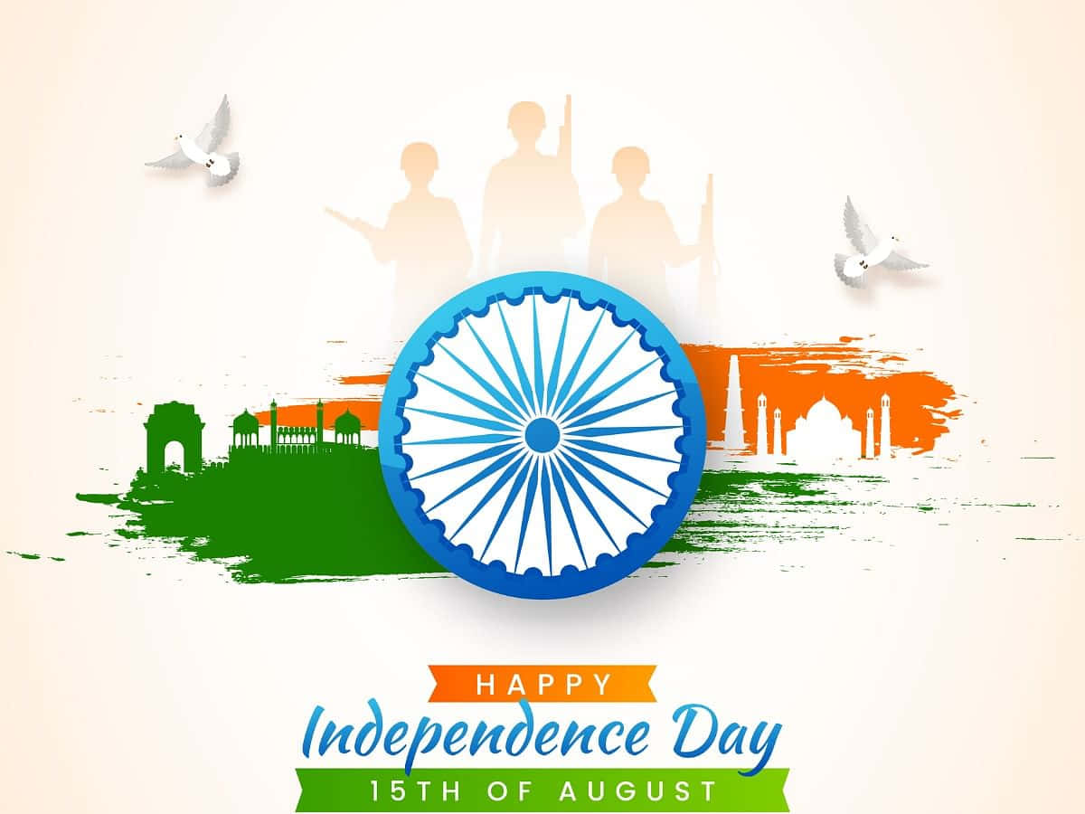 Independence 桌布 壁紙 — 一幅充滿活力的印度獨立日圖像，以三色背景襯托阿育王法輪、國家地標和鴿子。