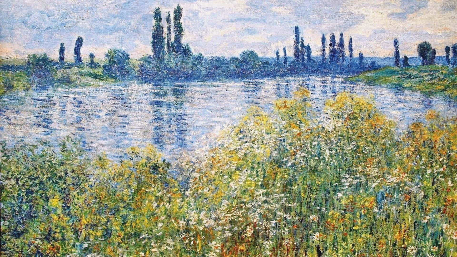 Impressionism 桌布 壁紙 — 一幅充滿活力的印象派畫作，描繪一條被野花和高大樹木環繞的河流，天空柔和。