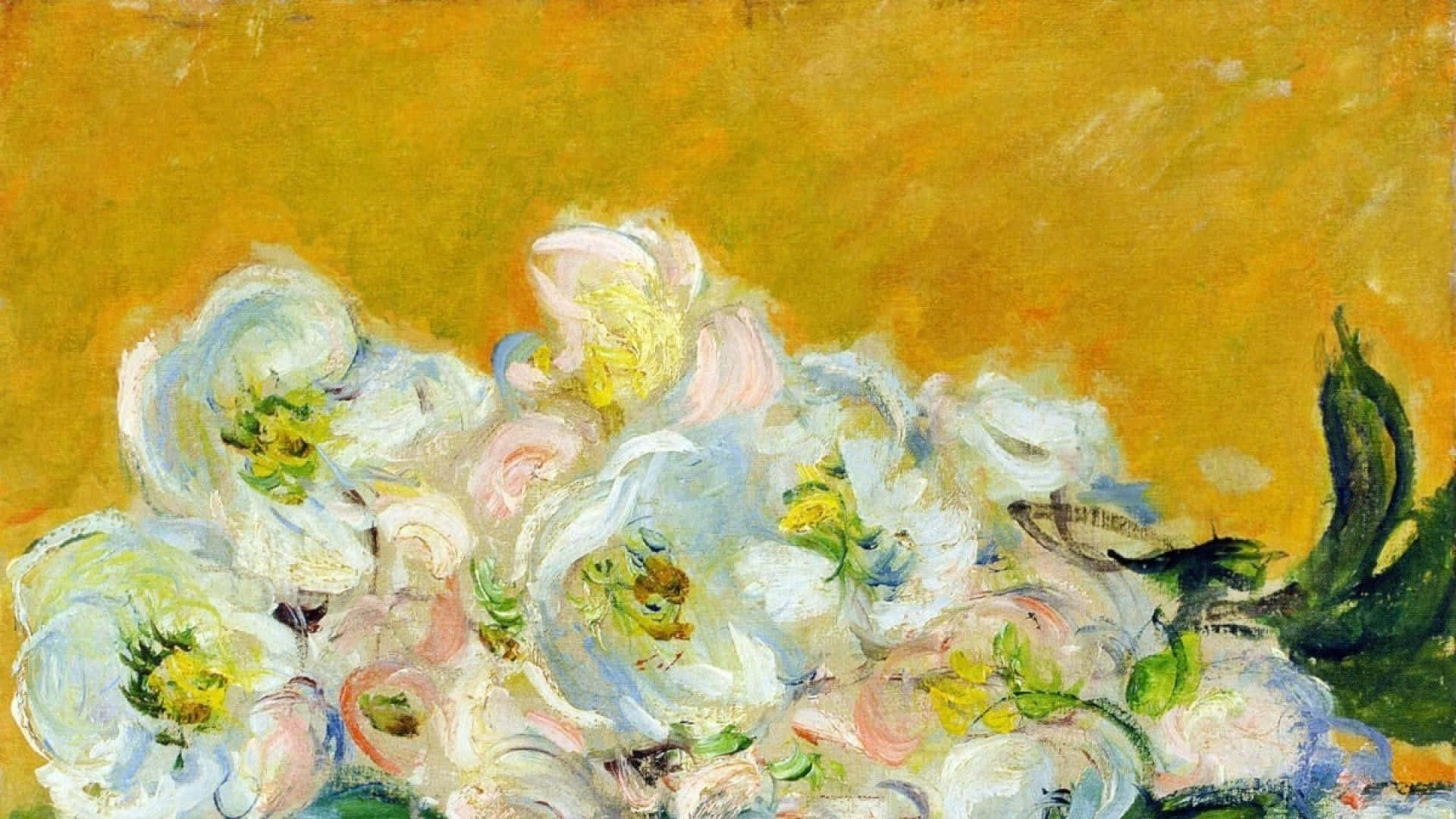 Impressionism 桌布 壁紙 — 一幅充滿活力的印象派畫作，描繪了白色和粉紅色的花朵，帶有黃色花蕊，背景是溫暖的金色。
