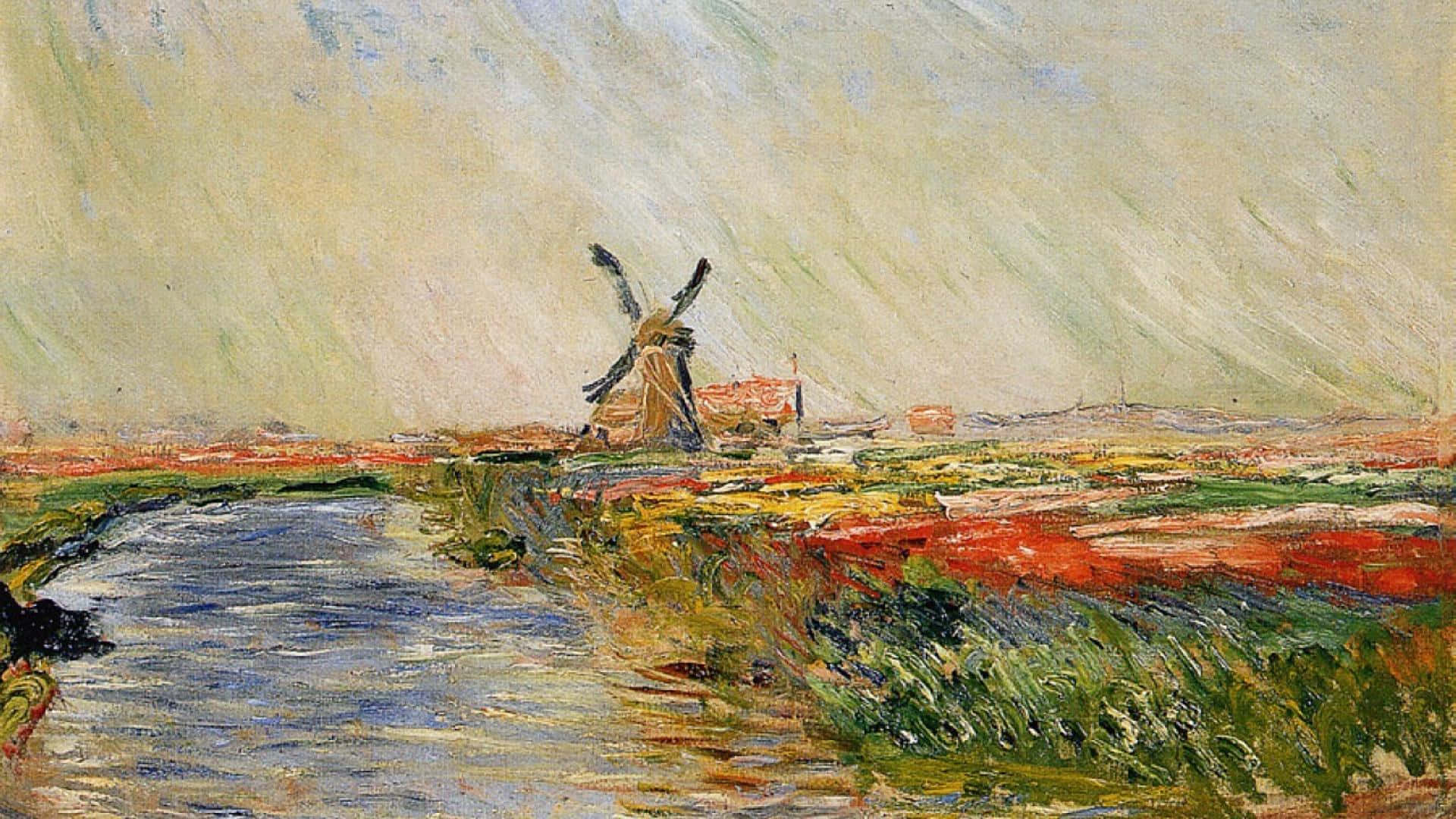 Impressionism 桌布 壁紙 — 一幅充滿活力的印象派畫作，描繪了運河旁的荷蘭風車，以及柔和天空下色彩繽紛的花田。