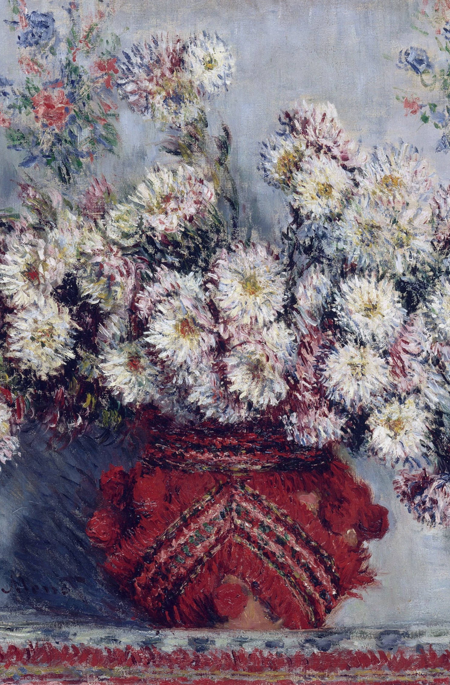 Monet 桌布 壁紙 — 一幅充滿活力的印象派畫作，描繪了豐盛的白粉菊花束放在一個華麗的紅色圖案花瓶中。