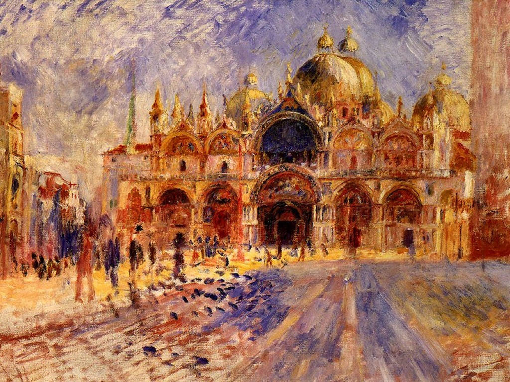 Renoir 桌布 壁紙 — 一幅充滿活力的印象派畫作，描繪威尼斯聖馬可大教堂沐浴在金色光芒中，人群熙攘，筆觸富有質感。
