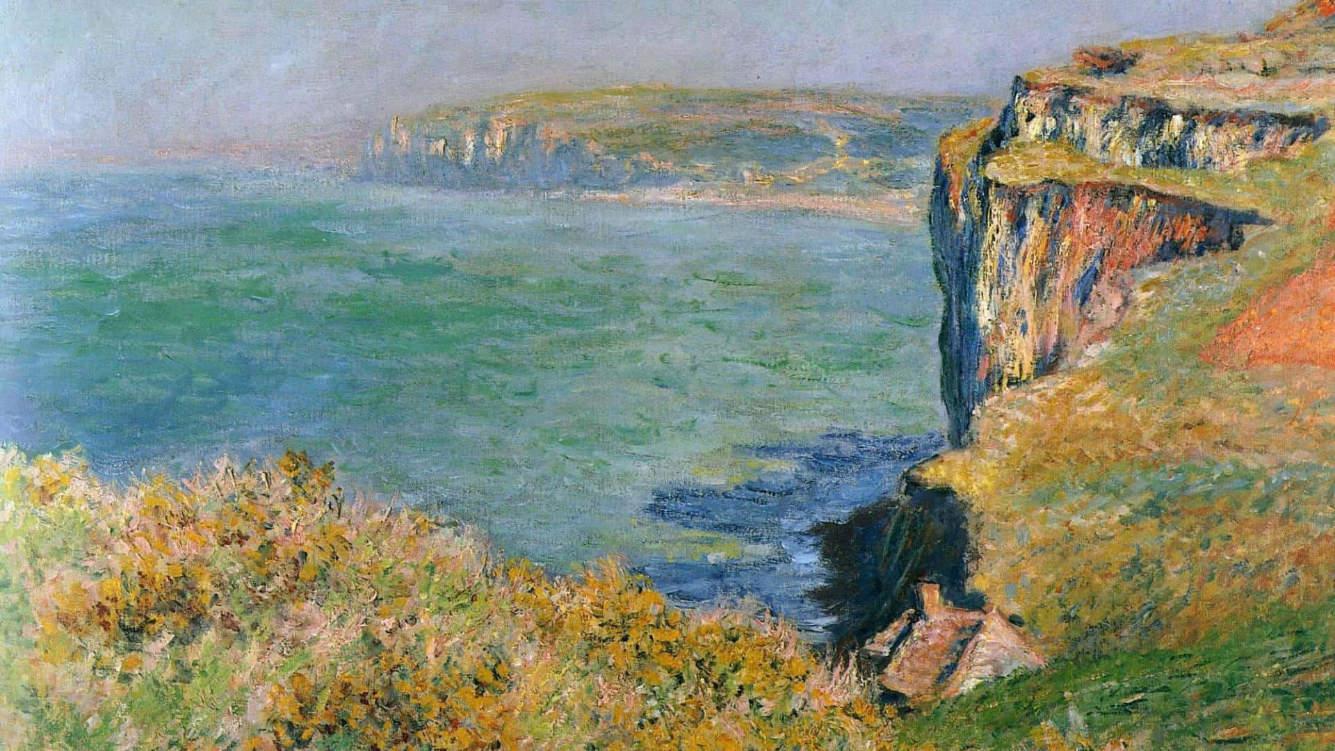 Impressionism 桌布 壁紙 — 一幅充滿活力的印象派畫作，描繪崎嶇的海岸懸崖，俯瞰著質感豐富的大海，天空柔和。