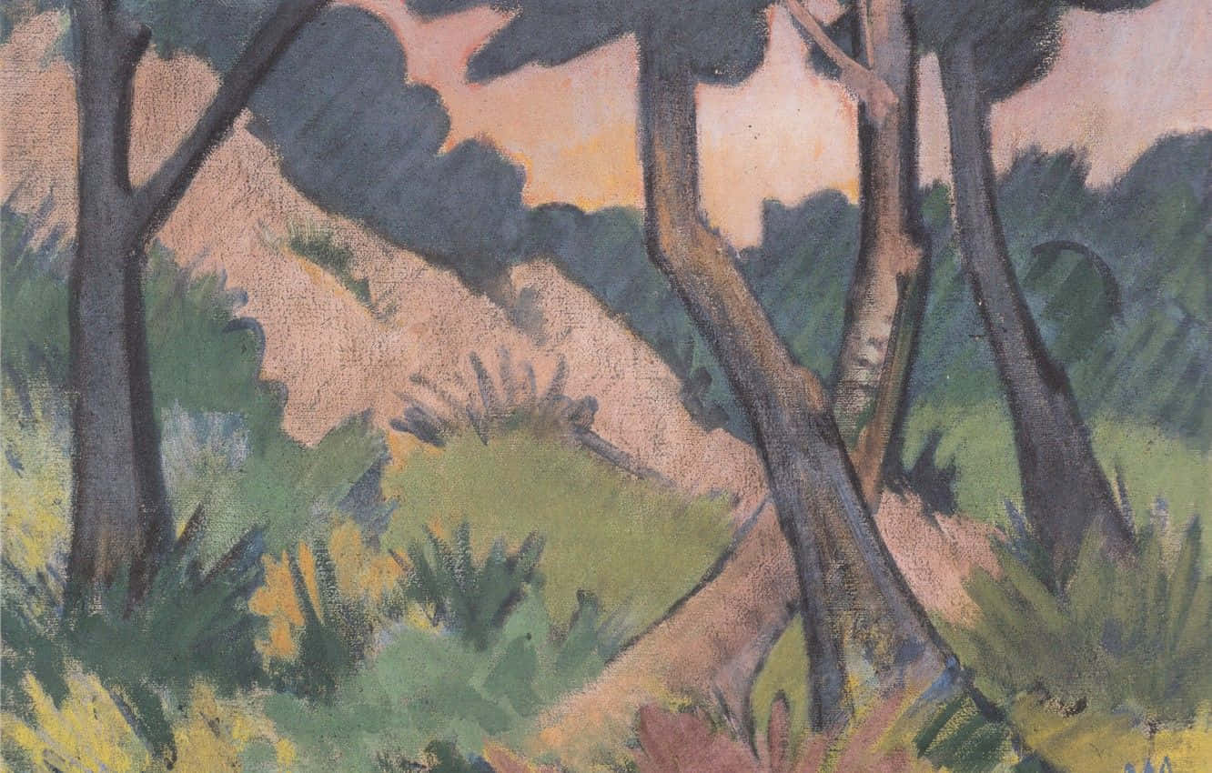 Expressionism 桌布 壁紙 — 一幅充滿活力的印象派畫作，描繪樹木和樹葉，筆觸大膽，色調溫暖如夕陽。