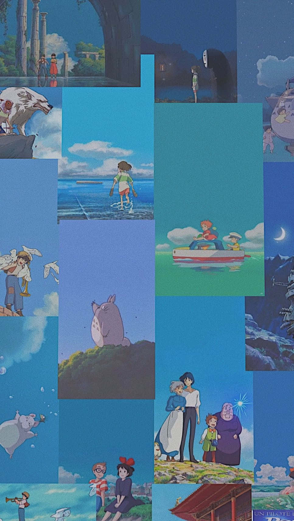 Aesthetic Ghibli 桌布 壁紙 — 一幅充滿活力的吉卜力工作室場景拼貼畫， featuring 角色如龍貓和無臉男，在藍天下夢幻般的風景中。
