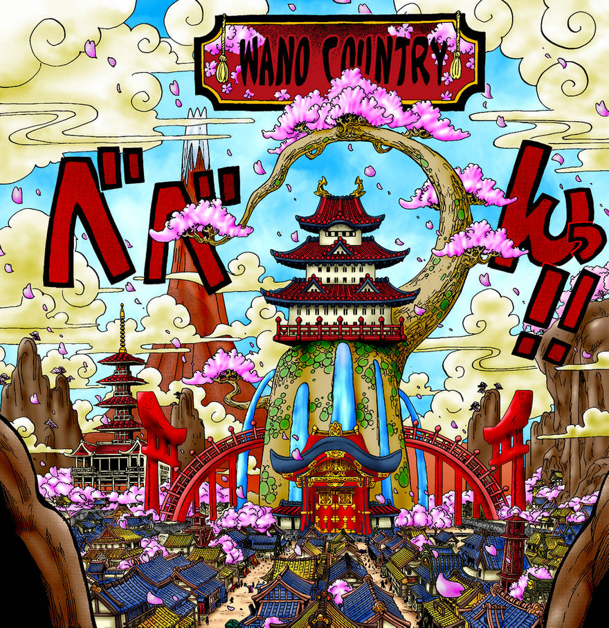 Wano 桌布 壁紙 — 一幅充滿活力的和之國動畫風格插圖，巨大的櫻花樹框住傳統日本城堡和繁忙的村莊，天空佈滿雲朵和飄落的花瓣。
