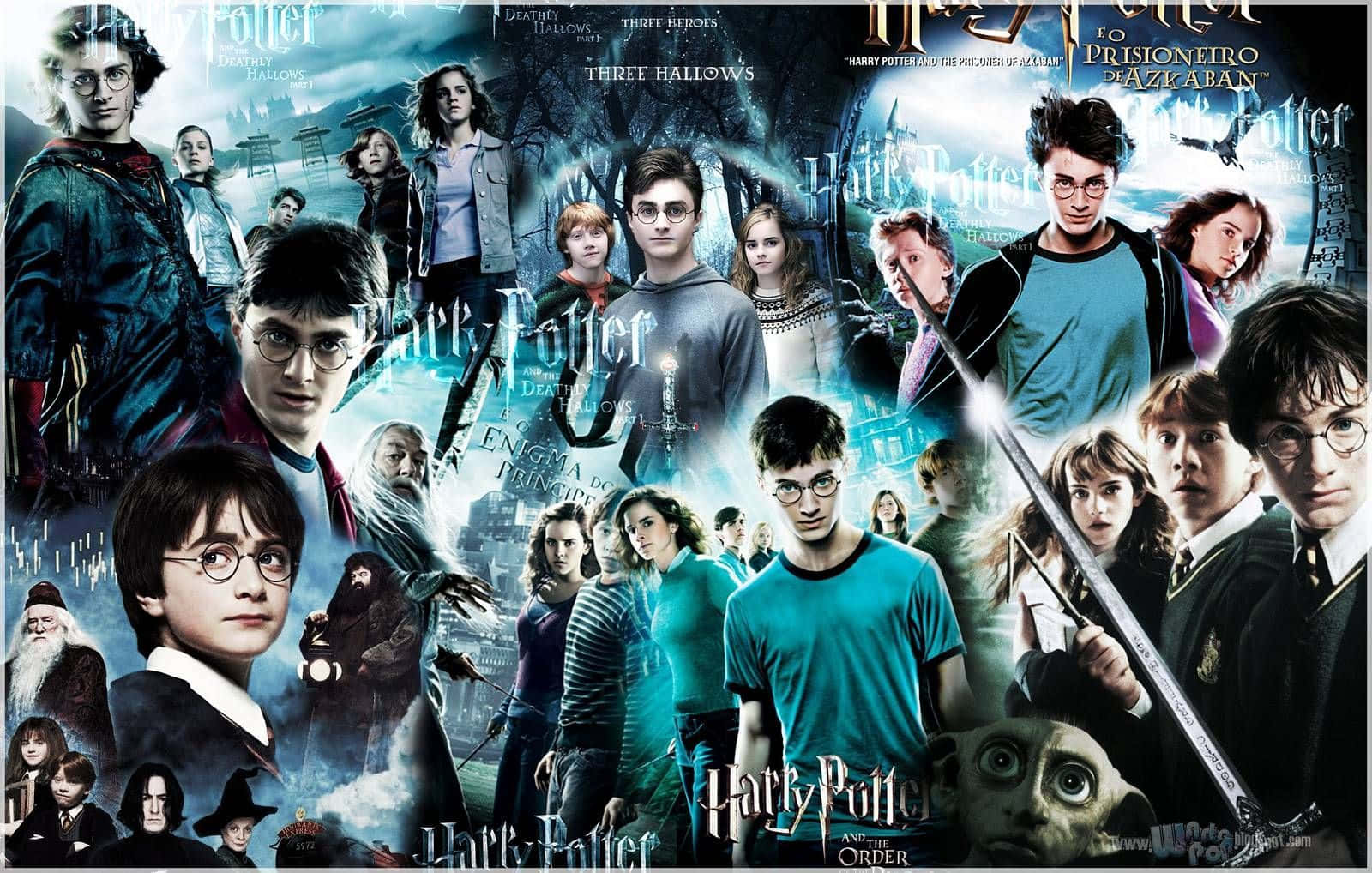 Harry Potter All Characters 桌布 壁紙 — 一幅充滿活力的哈利波特電影角色拼貼畫，場景充滿魔法，魔杖發光，背景迷人。