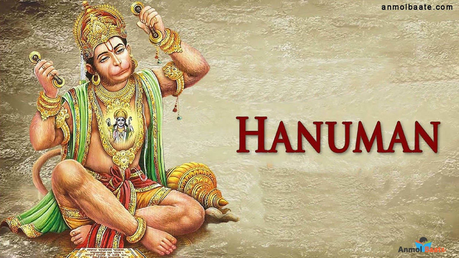 hanuman ji HD 桌布 壁紙 — 一幅充滿活力的哈努曼坐姿插圖，飾有金色珠寶和綠色長袍，背景為紋理米色。