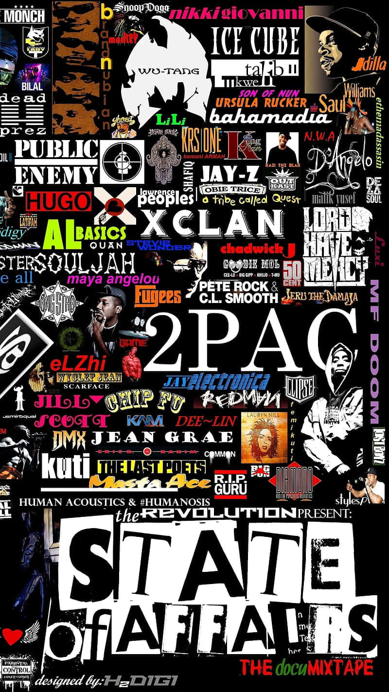 Rapper Collage 桌布 壁紙 — 一幅充滿活力的嘻哈藝術家肖像拼貼畫，搭配大膽字體，向標誌性音樂人和團體致敬。