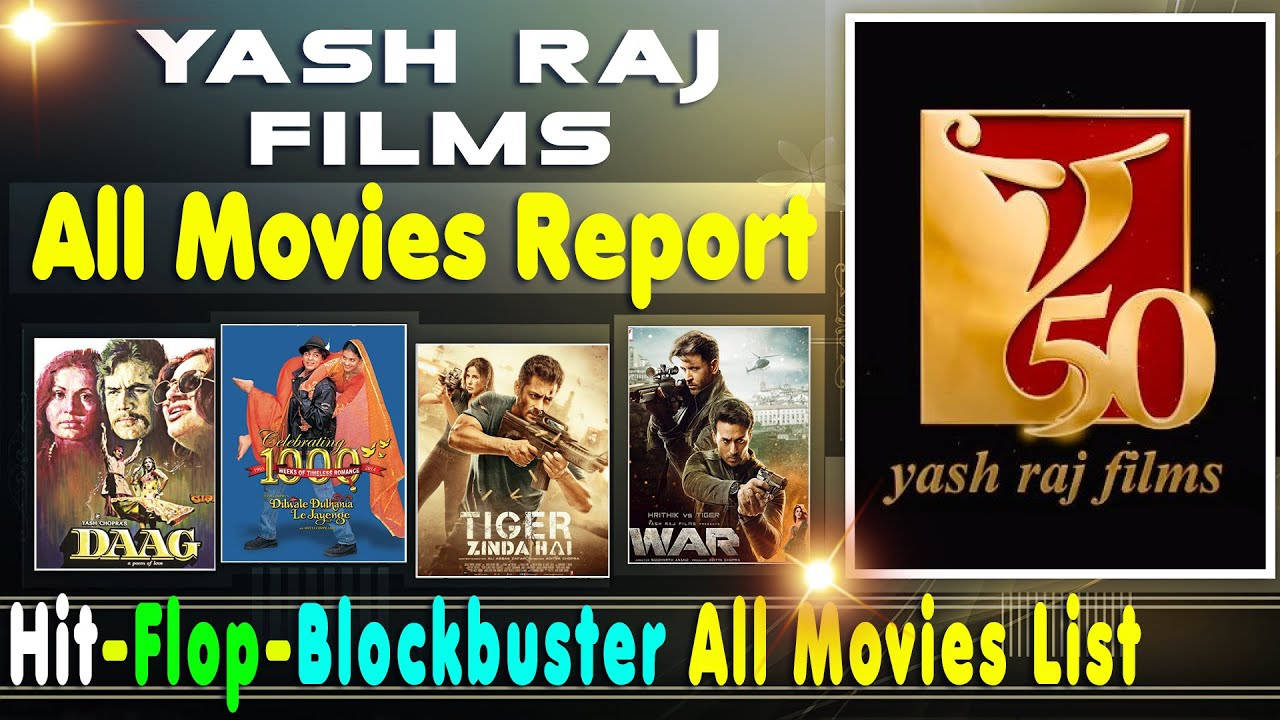 電影動圖 桌布 壁紙 — 一幅充滿活力的圖形，展示Yash Raj Films的50週年紀念，包含電影海報和粗體文字，慶祝他們的熱門與失敗大片列表。