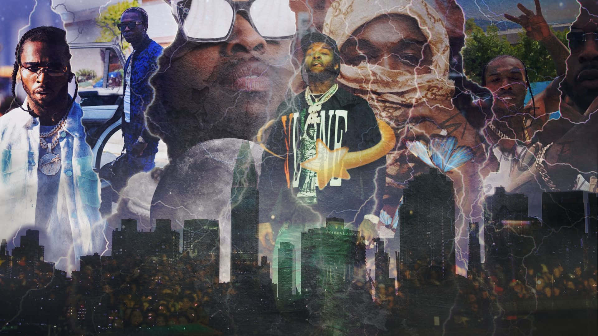 Playboi Carti 桌布 壁紙 — 一幅充滿活力的城市藝術家拼貼畫，疊加在暴風城市天際線和電閃雷鳴效果之上。
